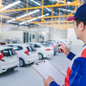 Worker in a garage of cars